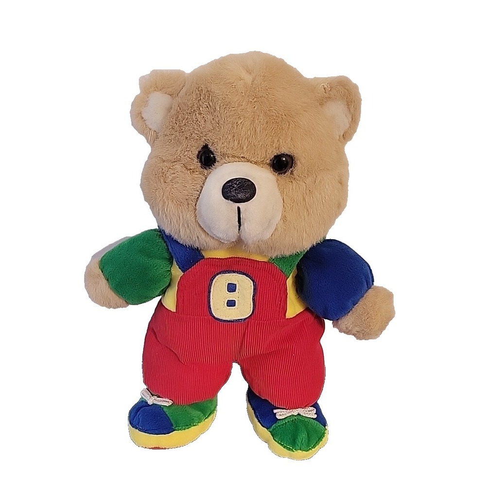 Primary‎ Color Block Teddy Bear Plush Brown 13" Vtg Walmart Corduroy Overalls